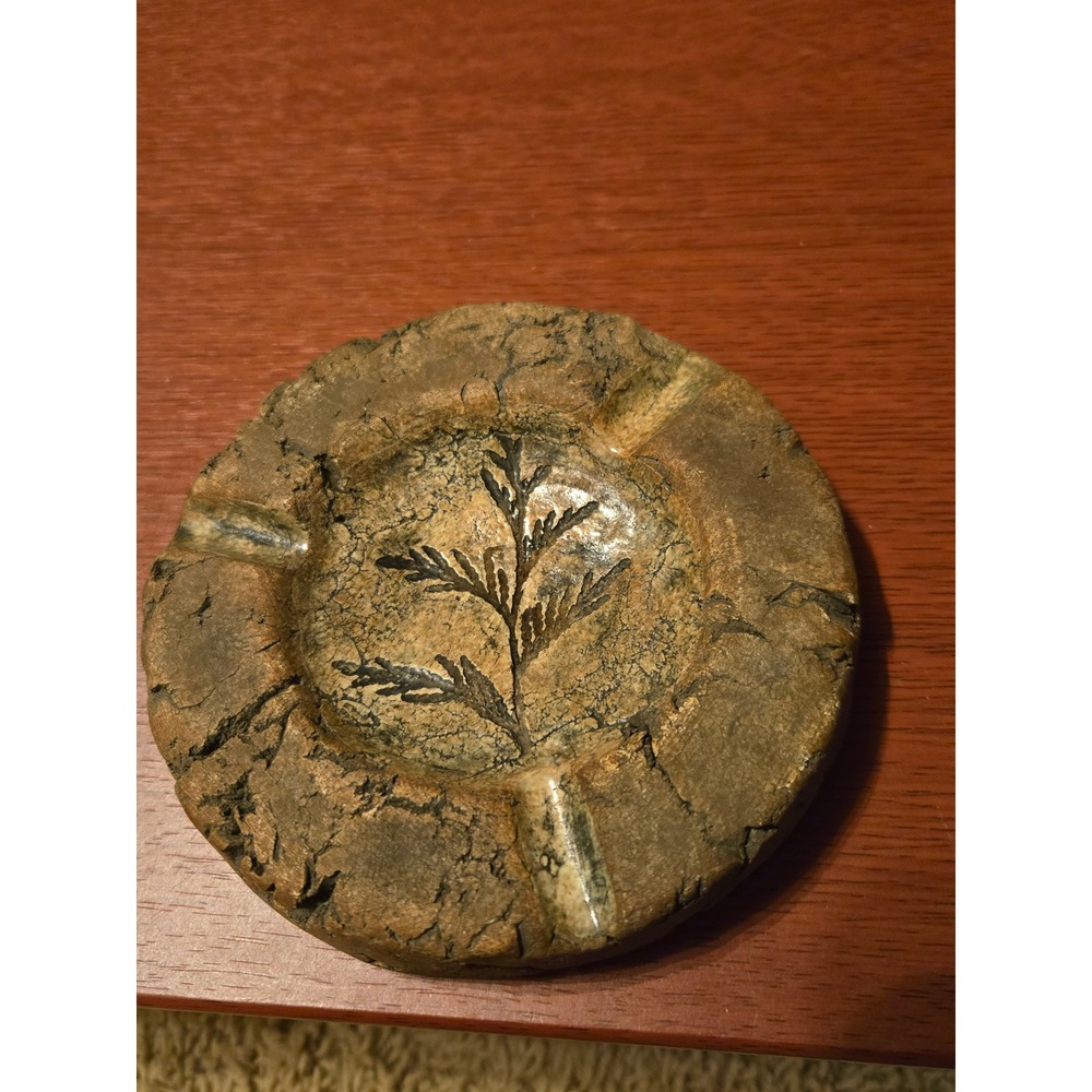 Vintage Signed Studio Pottery Ashtray Brutalist Earth Tone‎ Fern Leaf Design